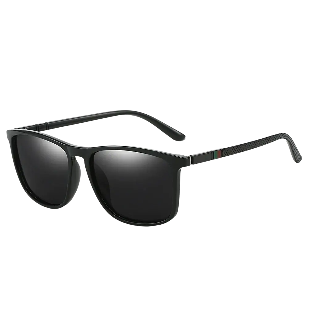 Black rectangular-framed men polarized square sunglasses with uv400 dark mirrored lenses and textured temple tips