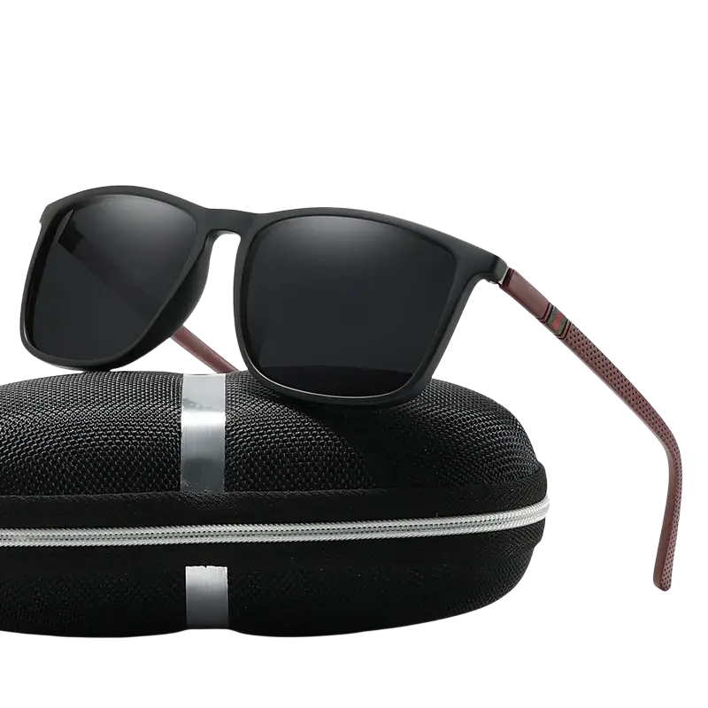 Men polarized square sunglasses with black rectangular frames dark lenses and brown textured temple arms resting on case