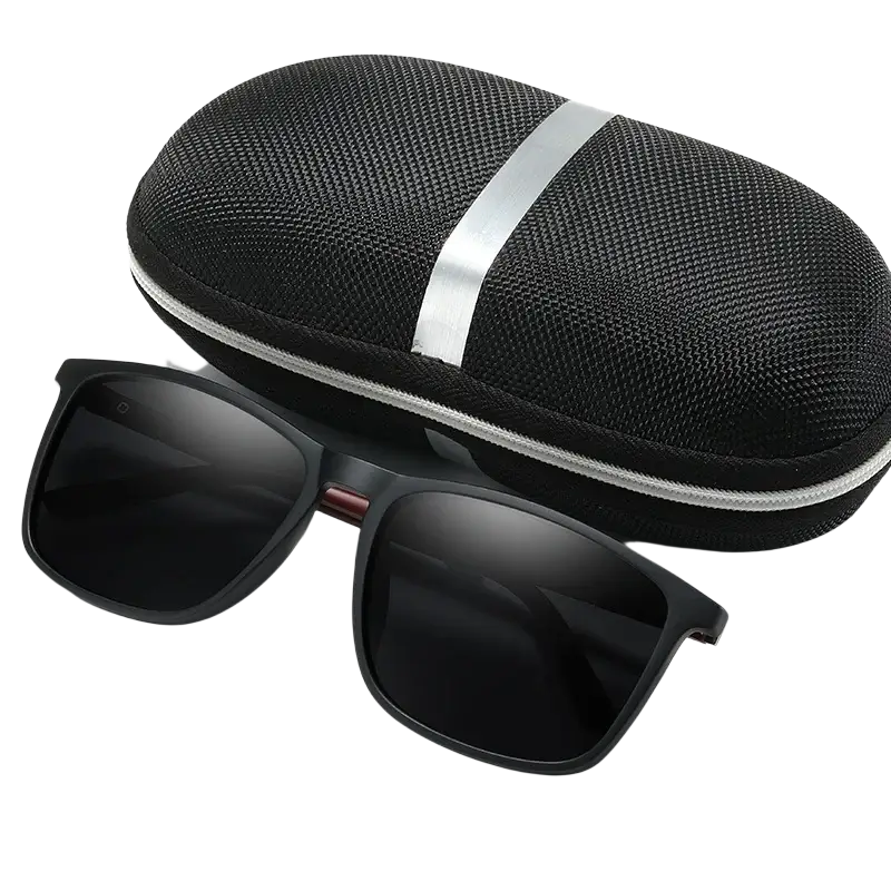 Men polarized square sunglasses with black rectangular frames and dark lenses resting beside a black mesh case with silver trim