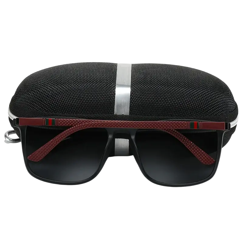 Men polarized square sunglasses uv400 with black frames red textured temple arms silver stripe case included