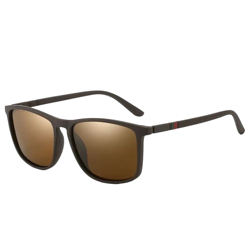 Men polarized square sunglasses with brown frames, mirrored brown lenses, and textured pattern on temple arms UV400