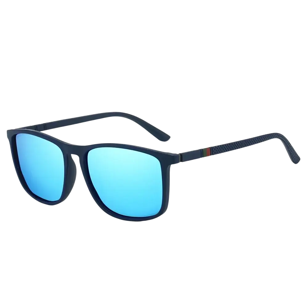 Men polarized square sunglasses with dark blue rectangular frames, icy blue mirrored lenses, and textured temple band