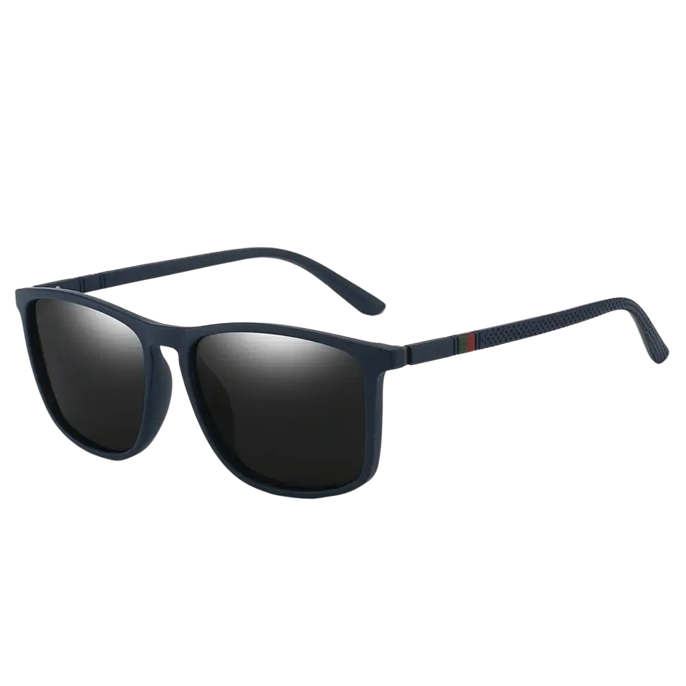 Men polarized square sunglasses uv400 with dark blue frame, black gradient lenses, and textured temples