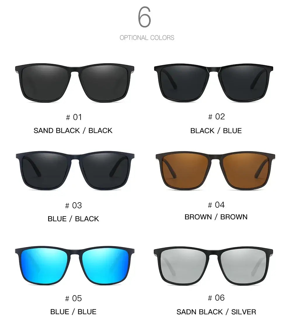 Men polarized square sunglasses uv400 featuring six rectangular frames in black, blue, brown, and mirrored silver lenses