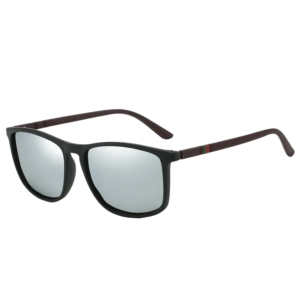 Men polarized square sunglasses with sleek black frame silver mirrored lenses and textured brown temple arms with red green stripe detail