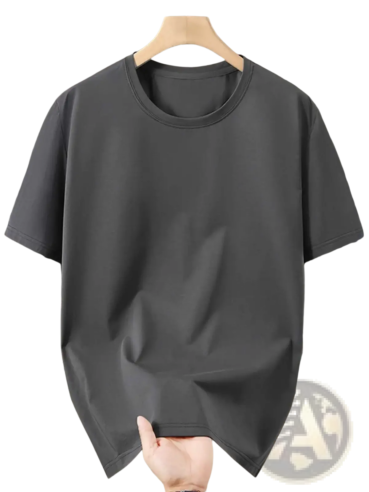 Dark gray short-sleeved men polyester crewneck t-shirt breathable for summer hanging on wooden hanger