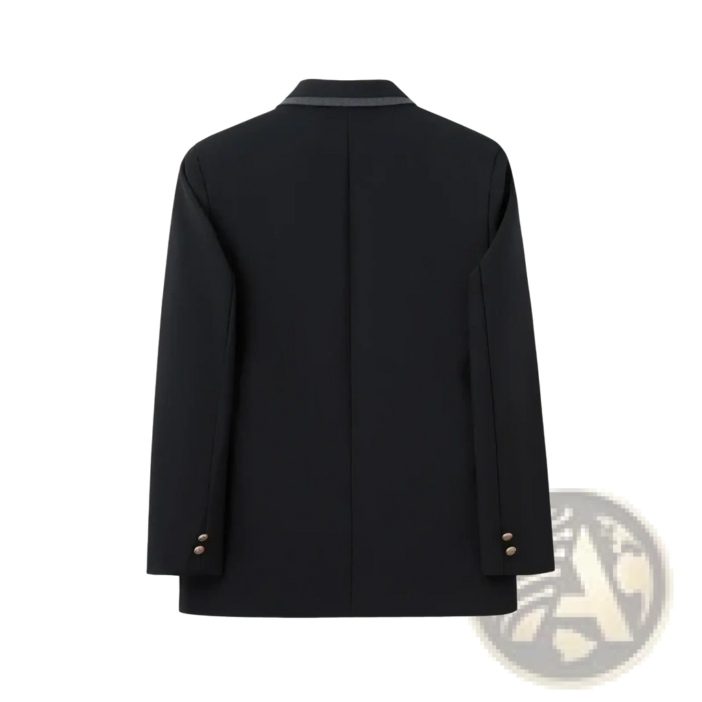 Men preppy style blazer jacket in black with subtle gray collar trim and gold-toned buttons on cuffs
