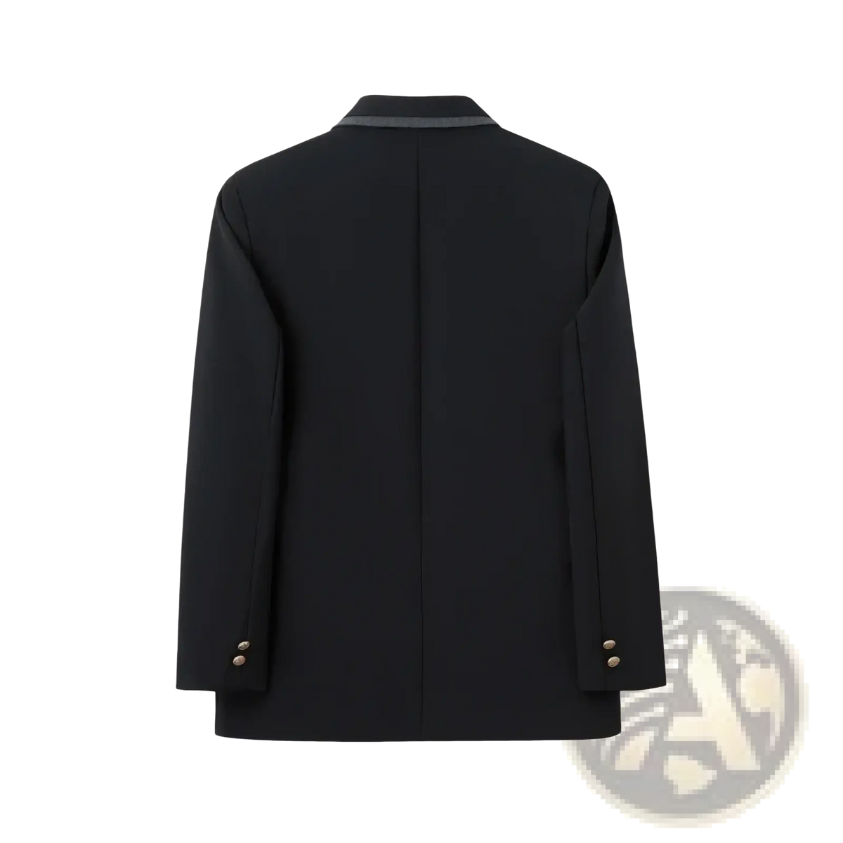 Men preppy style blazer jacket in black with subtle gray collar trim and gold-toned buttons on cuffs