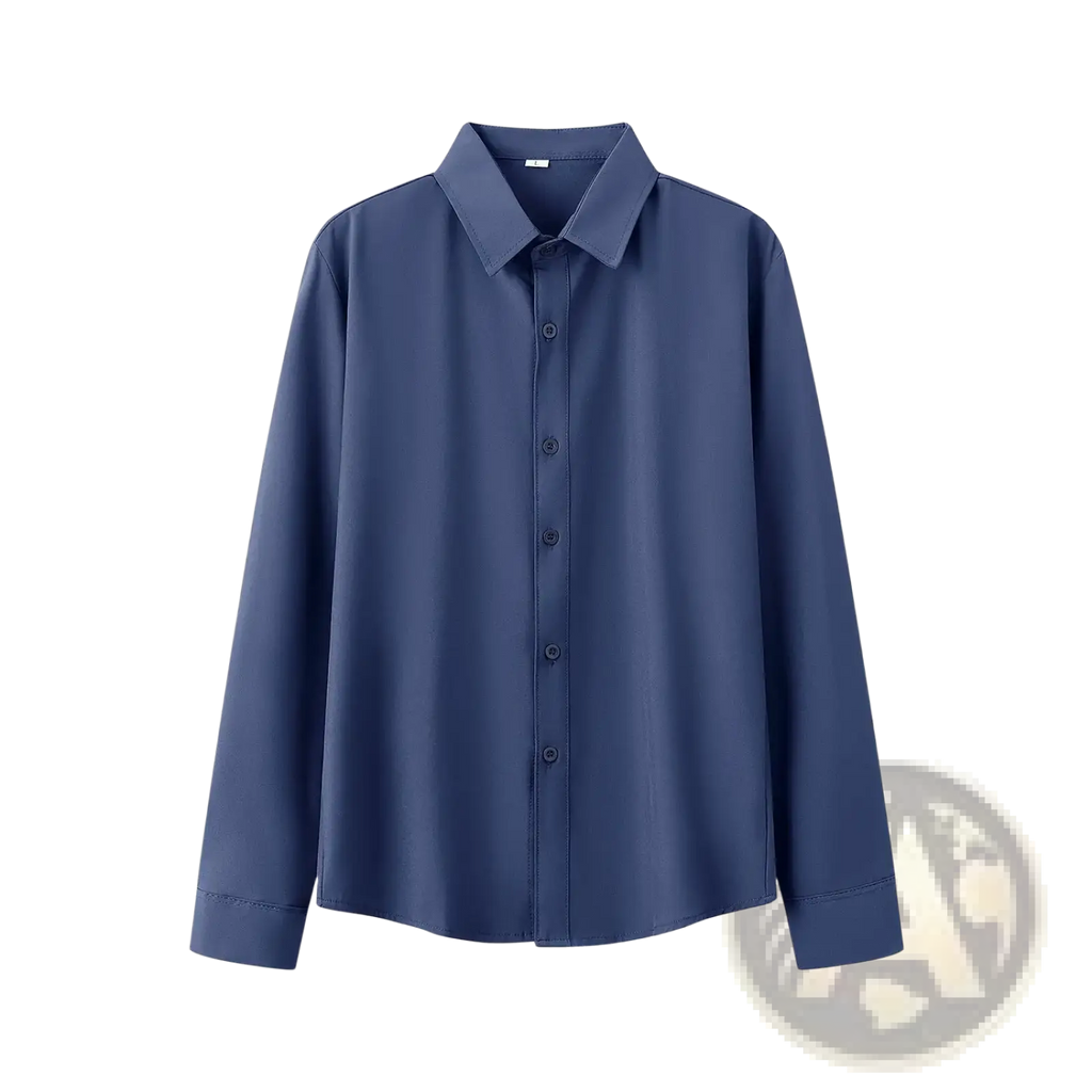 Men preppy style blazer jacket navy blue long-sleeved button-up shirt with classic collar and stitched cuffs