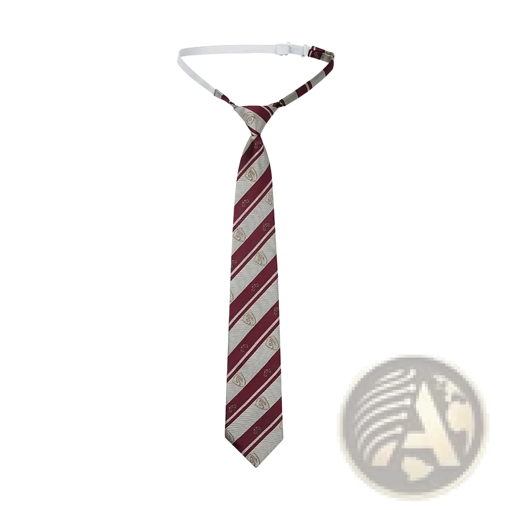 Men preppy style blazer jacket paired with a maroon and silver striped necktie featuring small repeating insignias