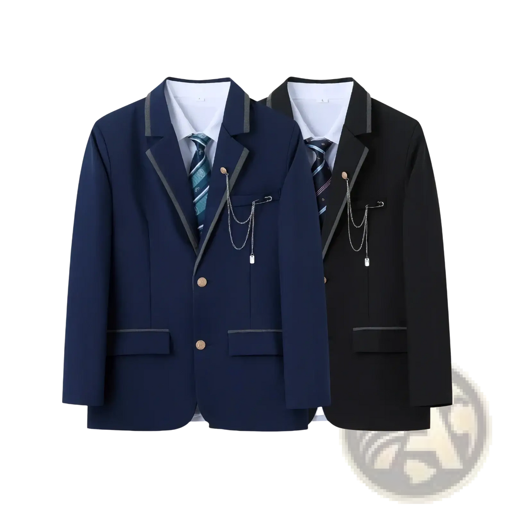 Men preppy style blazer jackets in navy blue and black with gold buttons contrasting trim and chain accessories