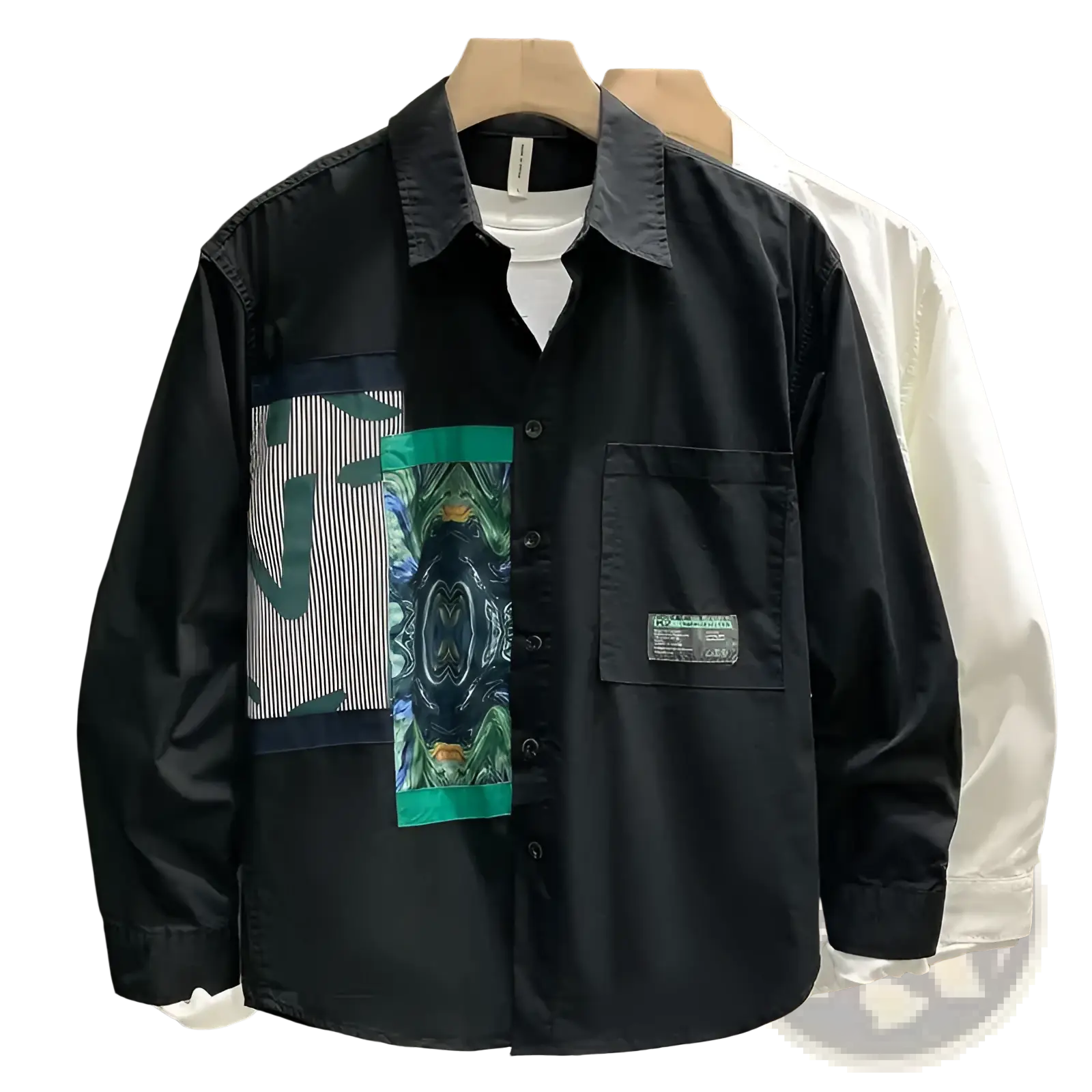 Men printed casual long sleeve black shirt with bold green blue and white graphic patch on the chest