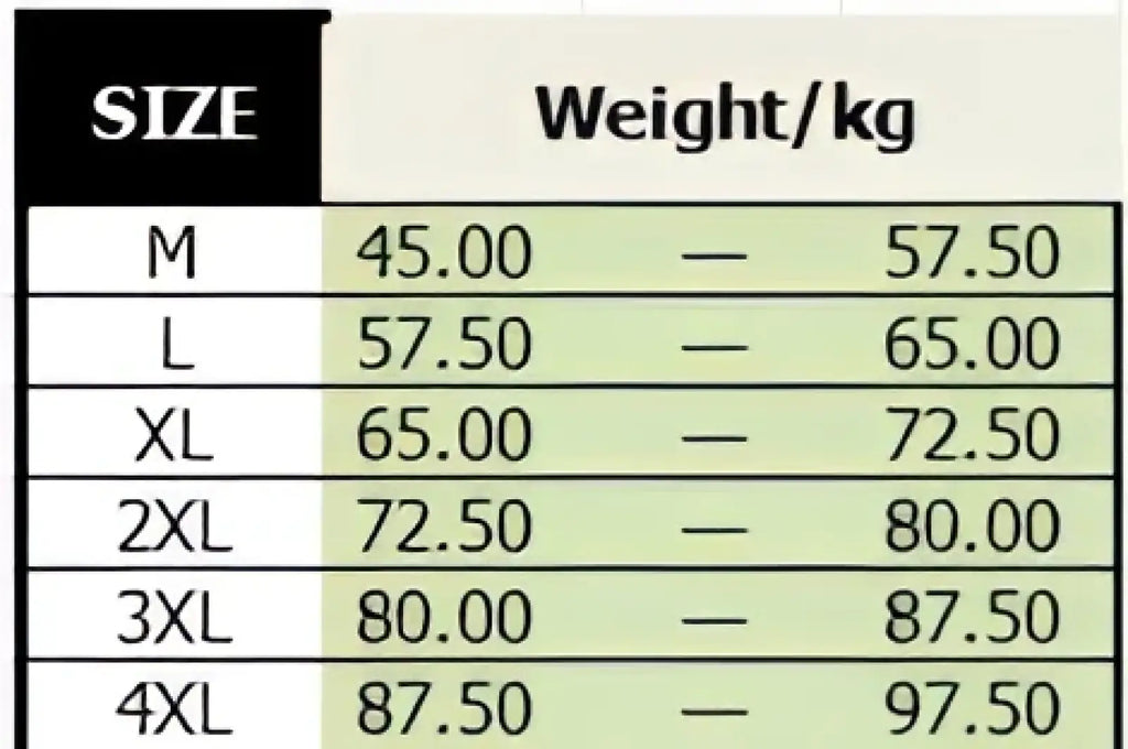 Size chart for men printed casual long sleeve shirt showing sizes m to 4xl with weight ranges in kilograms