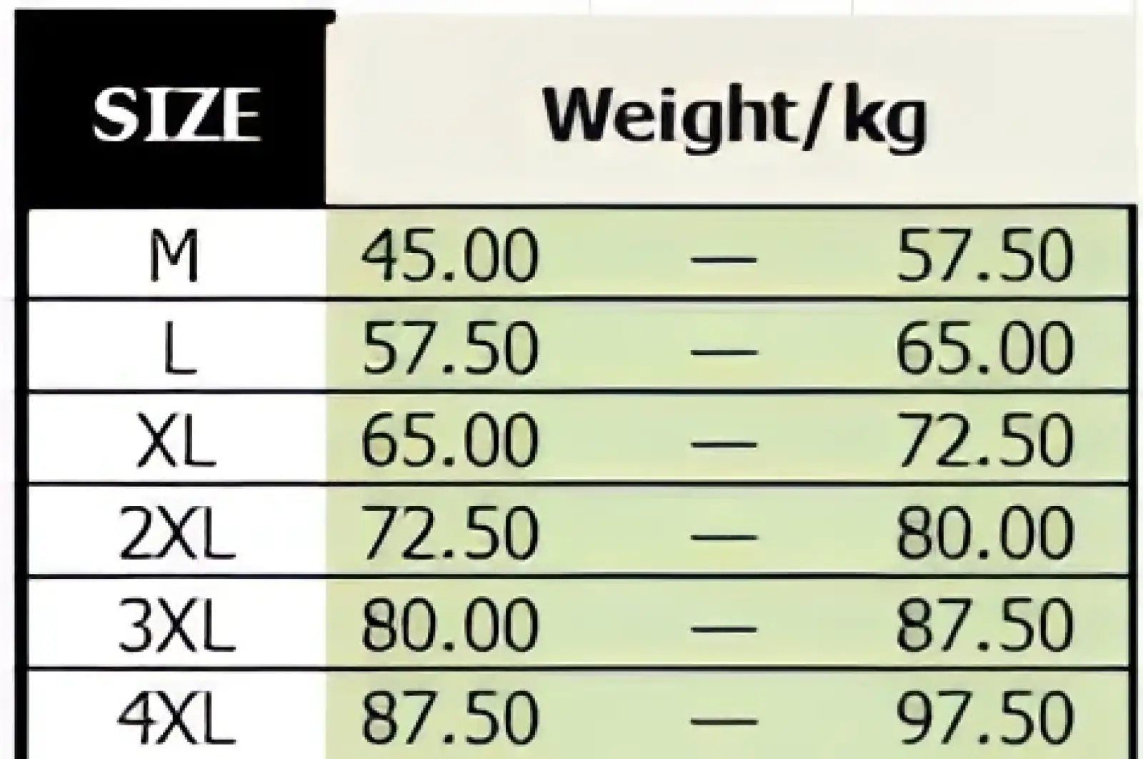 Size chart for men printed casual long sleeve shirt showing sizes m to 4xl with weight ranges in kilograms