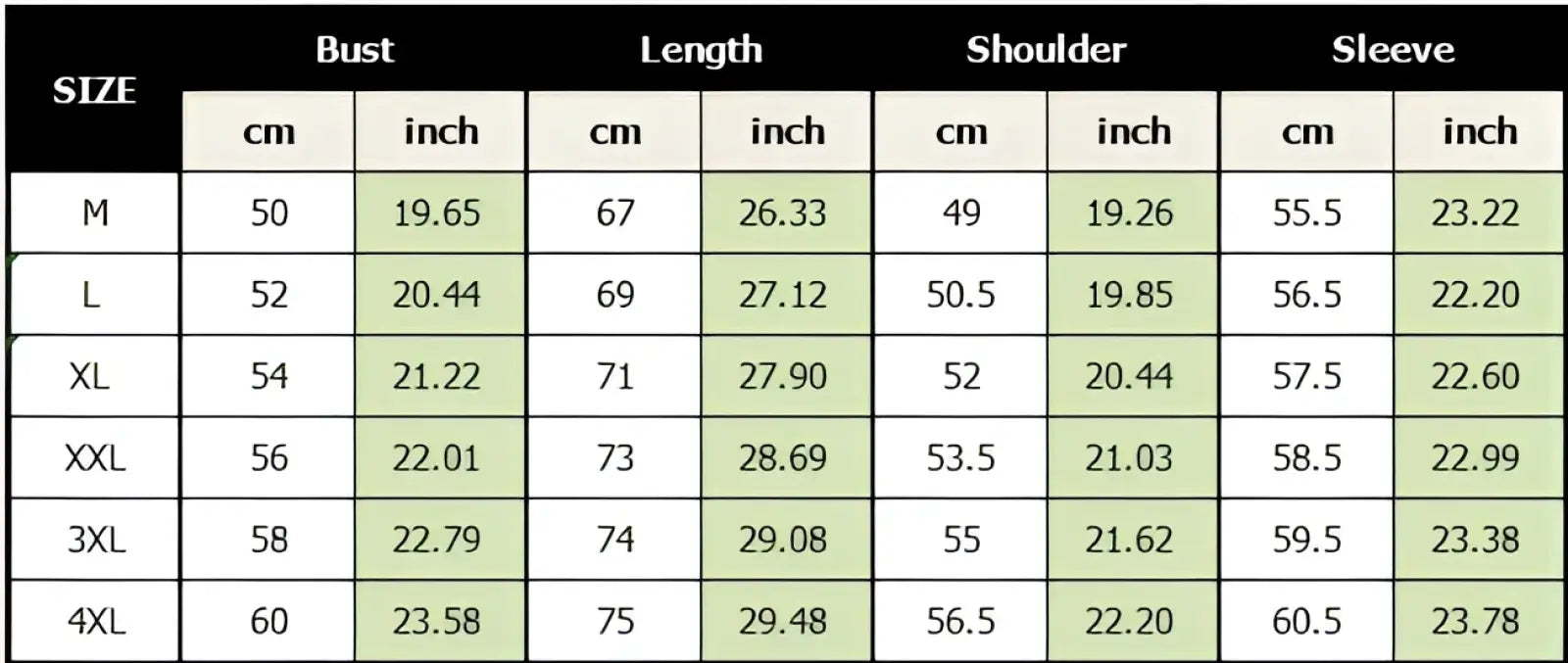Men printed casual long sleeve shirt size chart showing measurements in centimeters and inches from m to 4xl