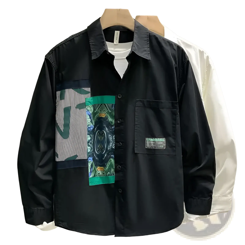 Men printed casual long sleeve shirt in black with a bold green blue and white abstract graphic patch on the chest