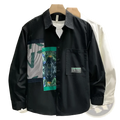 Men printed casual long sleeve shirt in black with a bold green blue and white abstract graphic patch on the chest