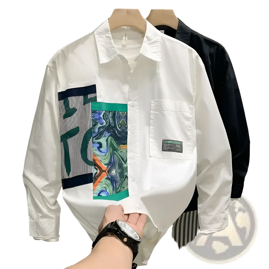 Men printed casual long sleeve shirt in white with a bold green blue and orange abstract graphic patch on the left chest