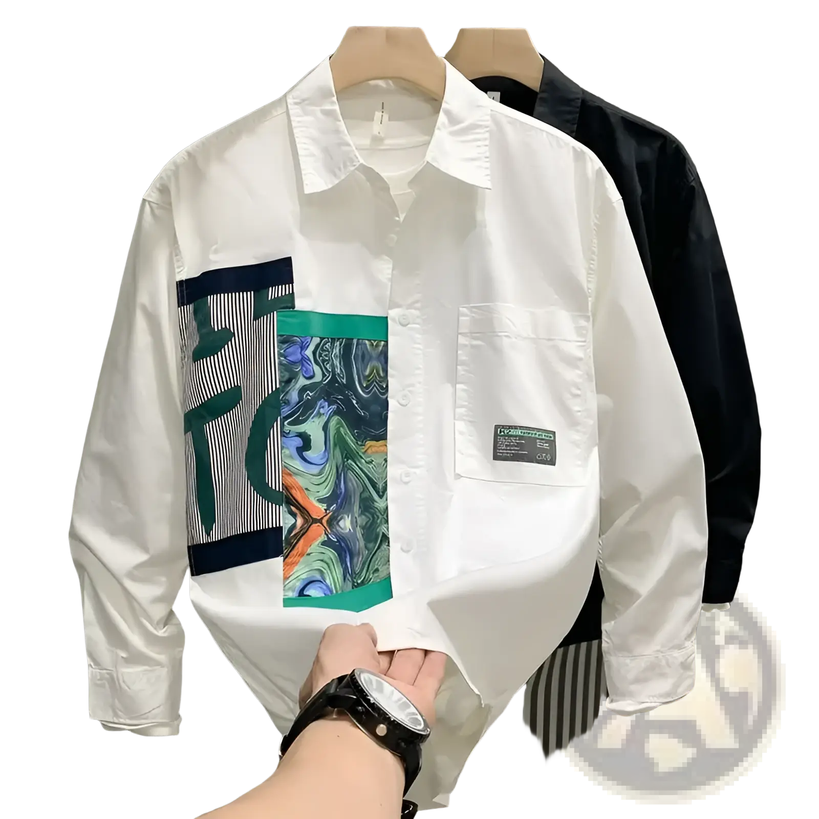 Men printed casual long sleeve shirt in white with a bold green blue and orange abstract graphic patch on the left chest