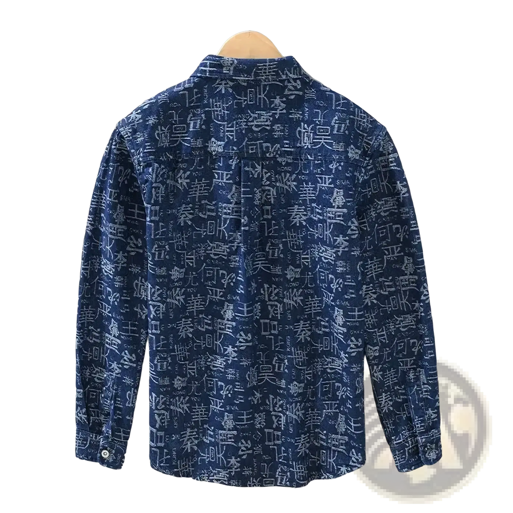 Back view of men printed casual shirt cardigan in blue denim with white Chinese character pattern across the back