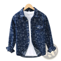 Men printed casual shirt cardigan with blue long sleeves, white inner layer, and light gray Chinese character pattern
