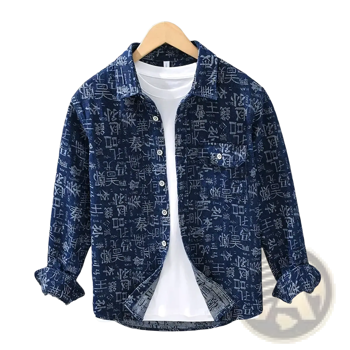 Men printed casual shirt cardigan with blue long sleeves, white inner layer, and light gray Chinese character pattern