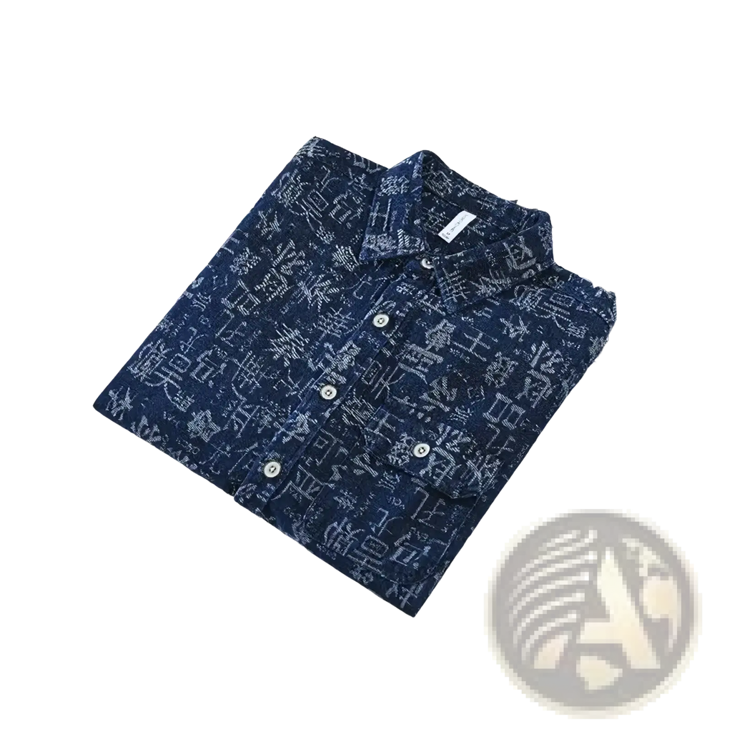 Men printed casual shirt cardigan in dark blue with a subtle white geometric pattern for casual wear