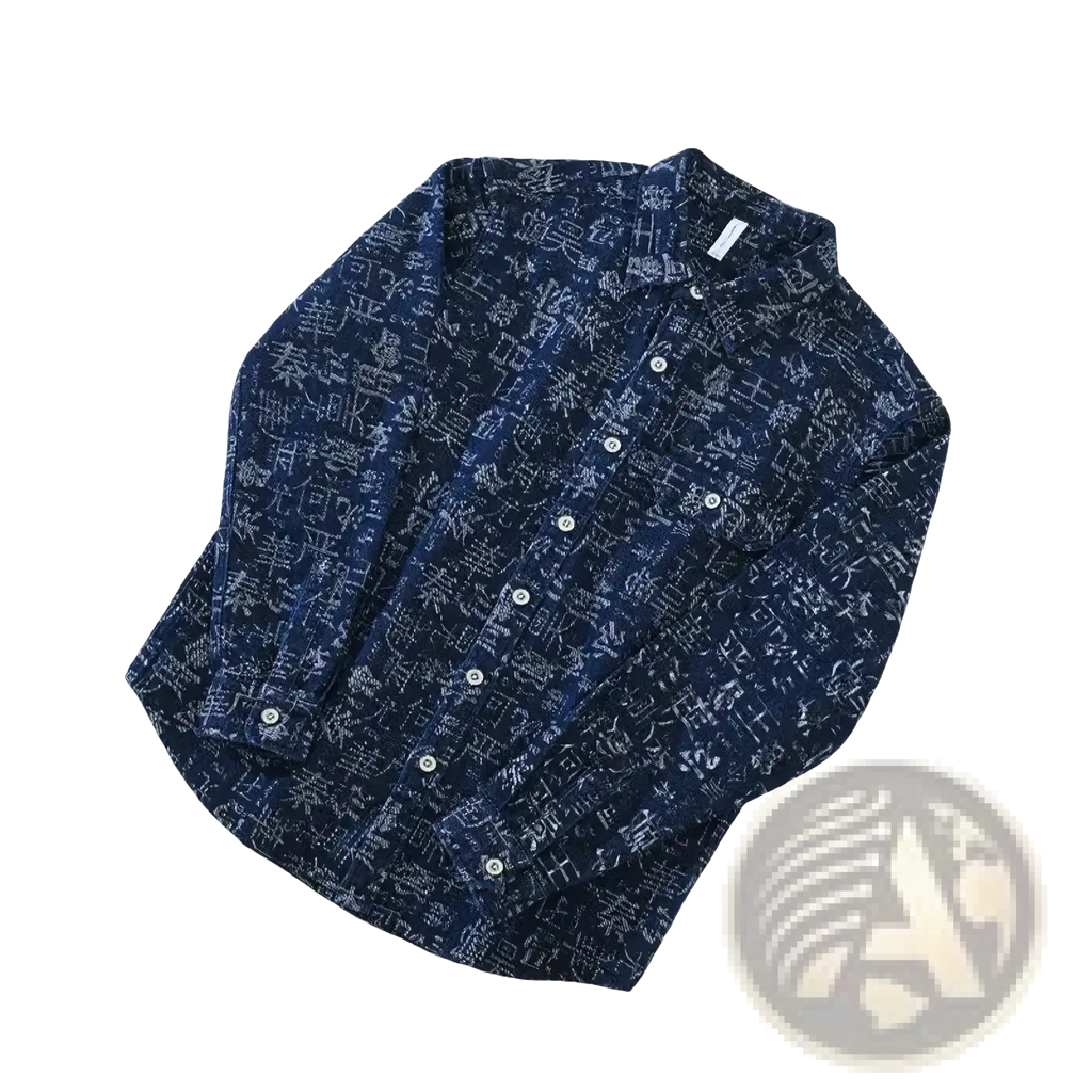 Men printed casual shirt cardigan in navy blue with subtle white script pattern featuring long sleeves and button-up front