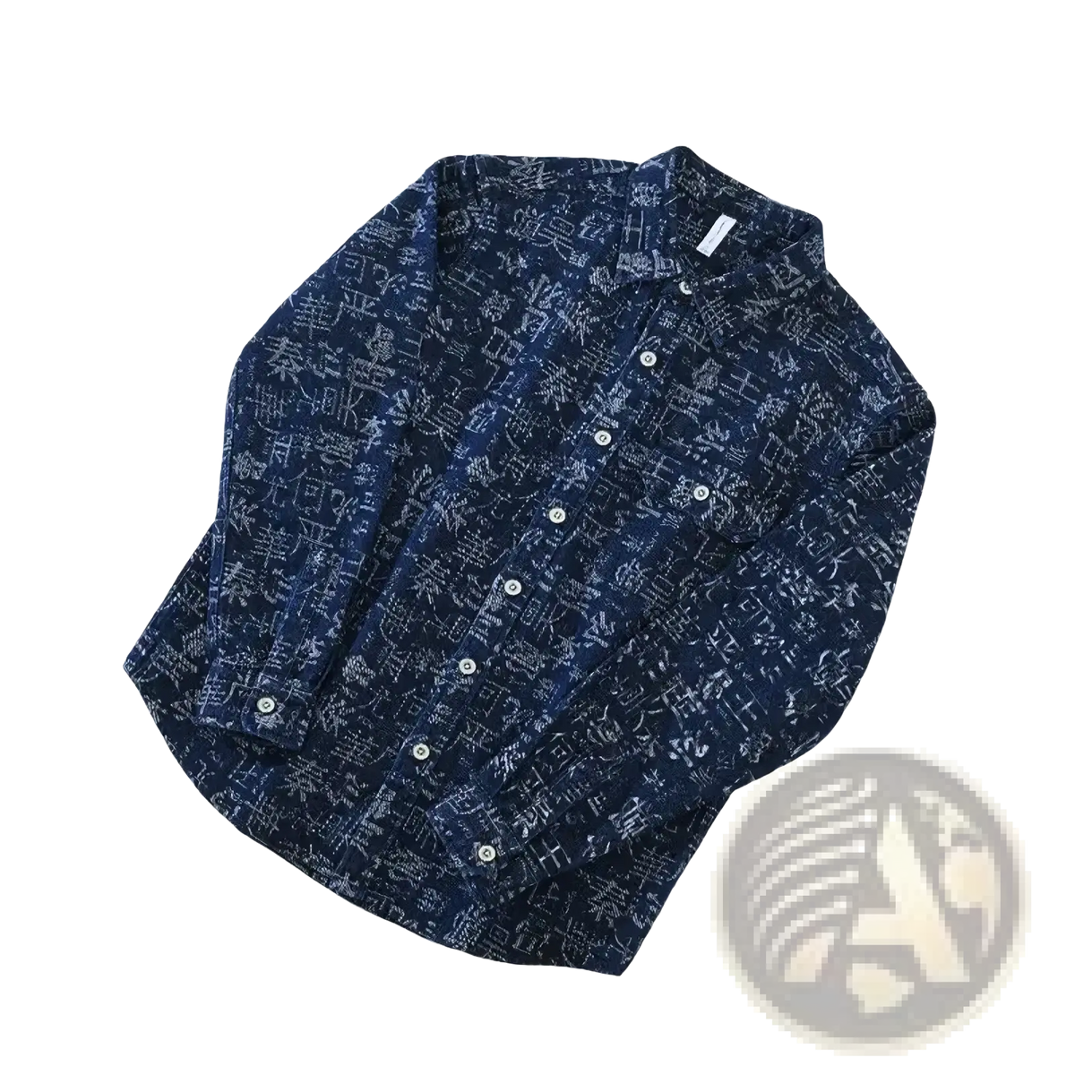 Men printed casual shirt cardigan in navy blue with subtle white script pattern featuring long sleeves and button-up front