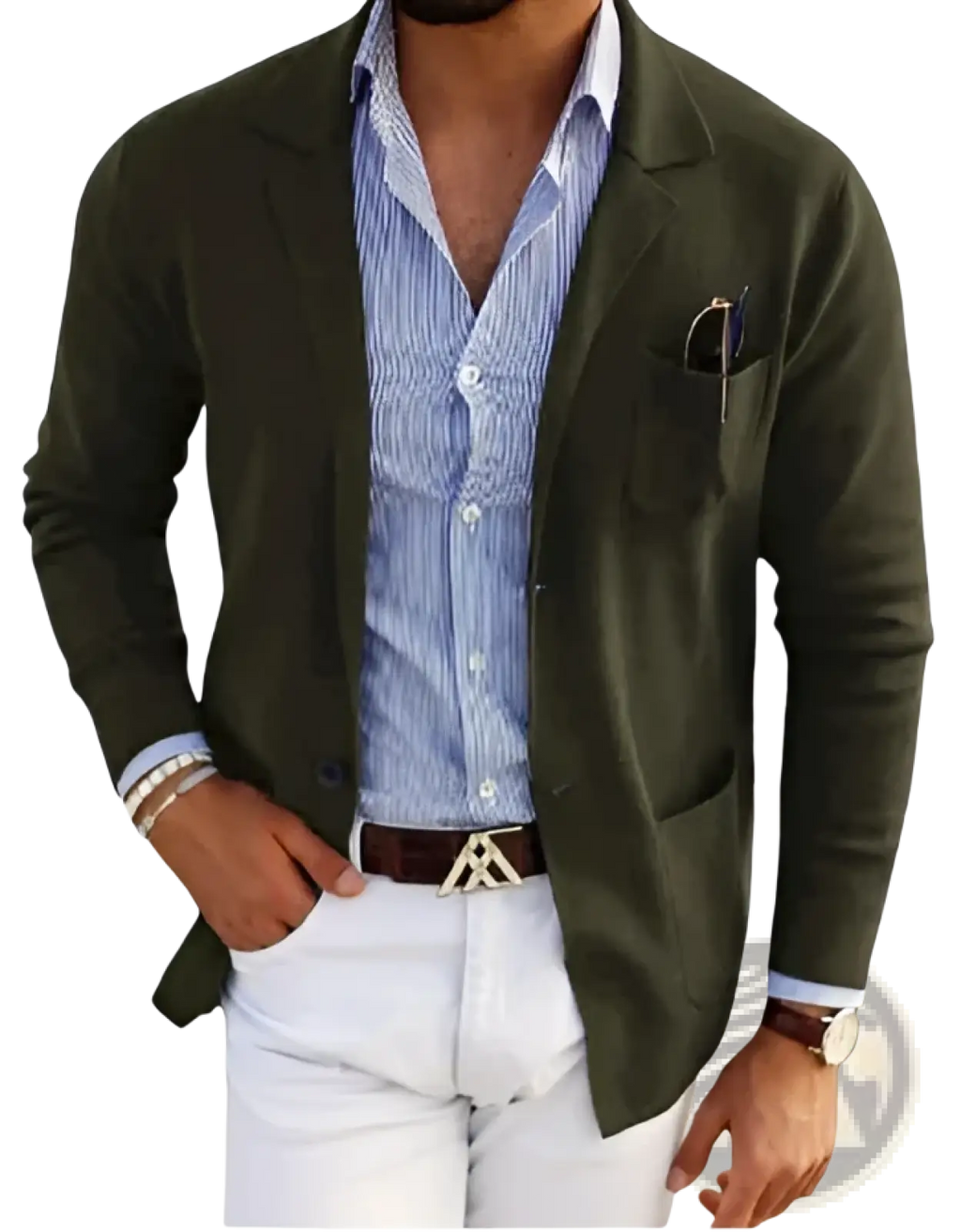Men printed double button suit jacket in olive green with subtle texture worn over blue and white striped shirt