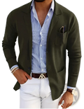 Men printed double button suit jacket in olive green with subtle texture worn over blue and white striped shirt