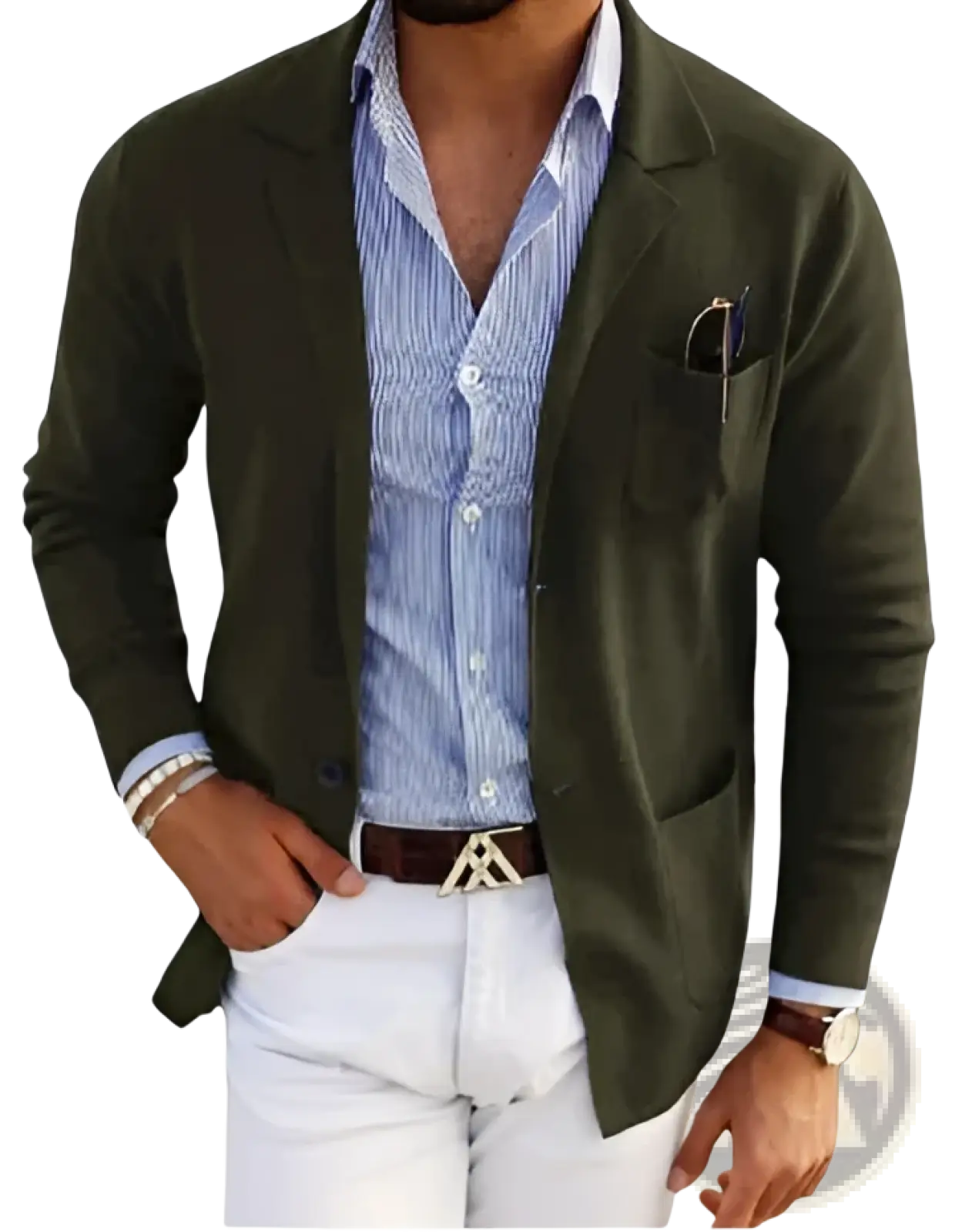 Men printed double button suit jacket in olive green with subtle texture worn over blue and white striped shirt