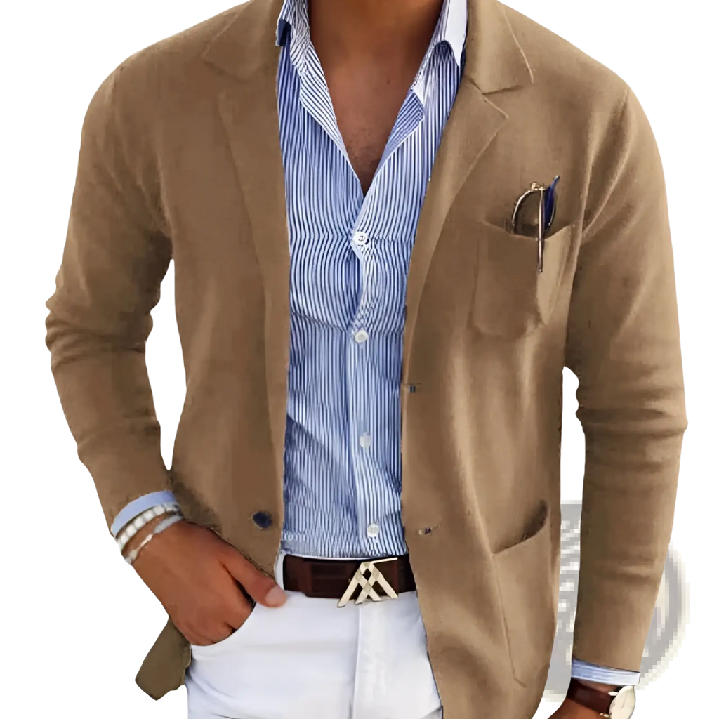 Men printed double button suit jacket in tan suede with notched lapels worn over blue and white striped shirt