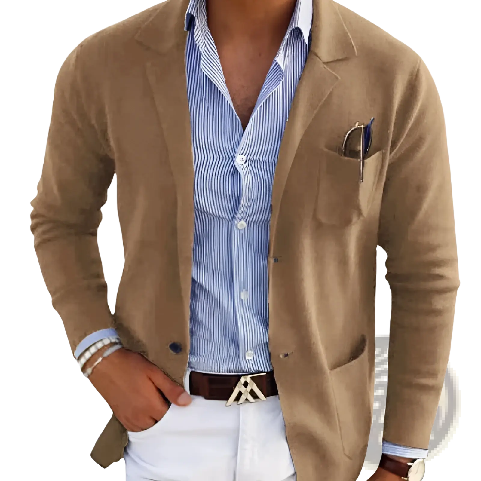 Men printed double button suit jacket in tan suede with notched lapels worn over blue and white striped shirt