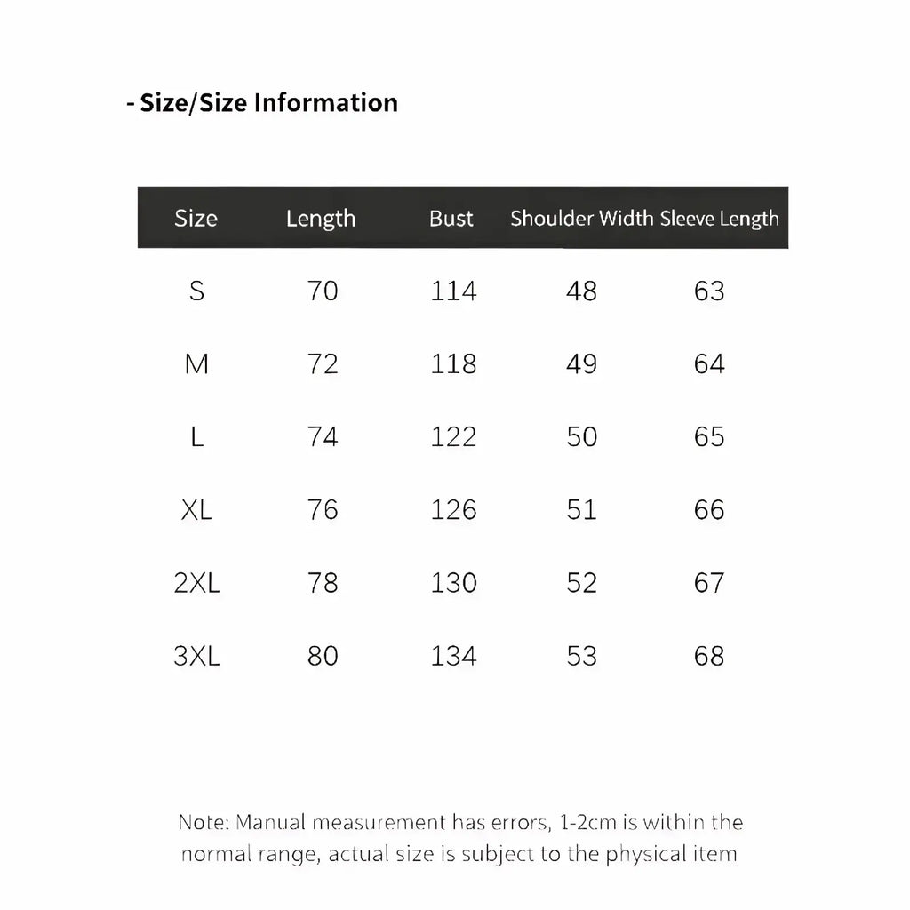 Size information table for men printed hooded trench coat displaying measurements in centimeters from s to 3xl
