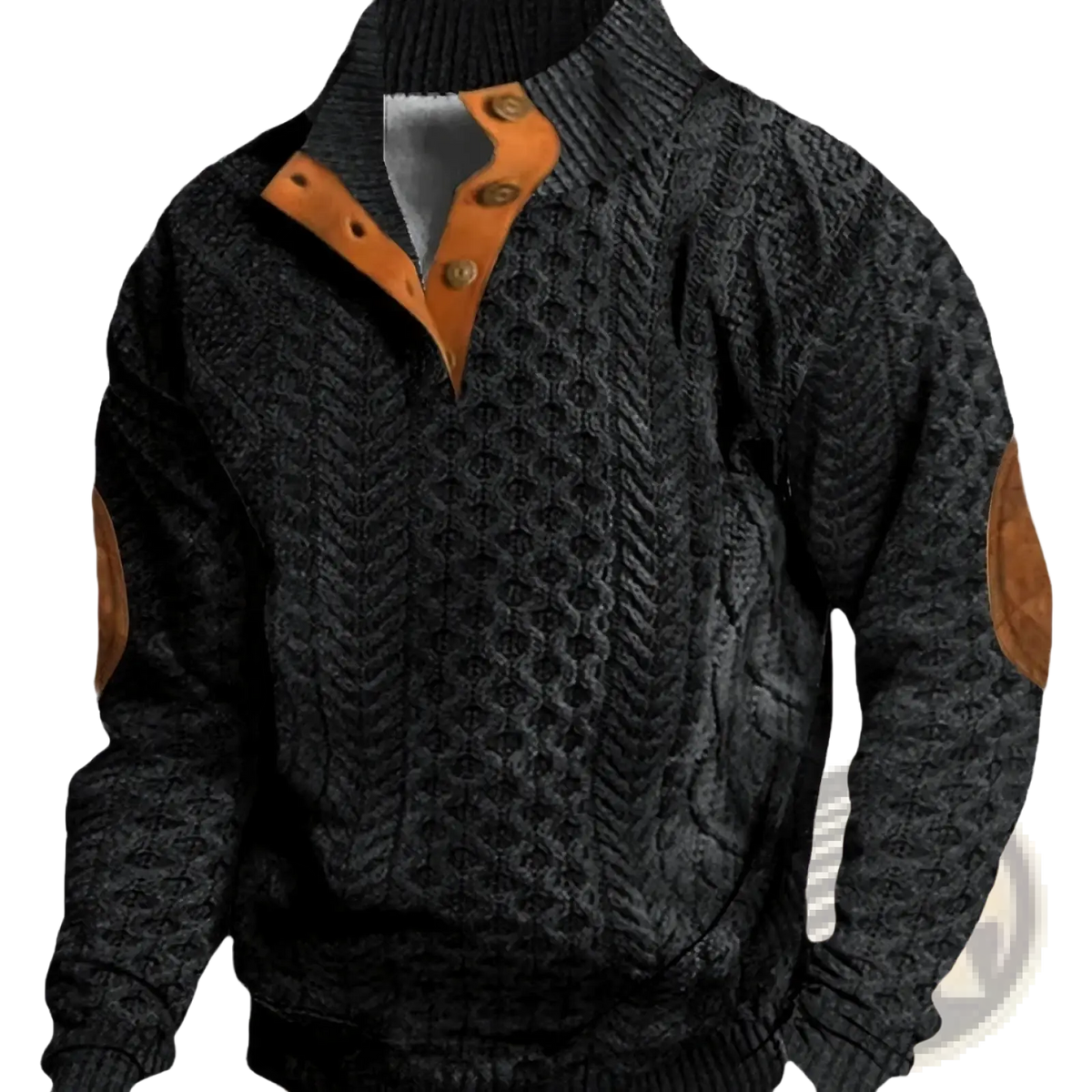 Men printed knit pullover sweatshirt in black cable knit with tan leather collar, placket, and elbow patches