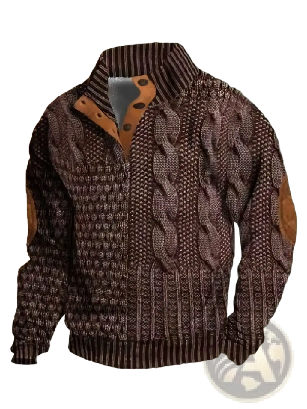 Men printed knit pullover sweatshirt brown cable knit with tan leather shoulder and collar patches