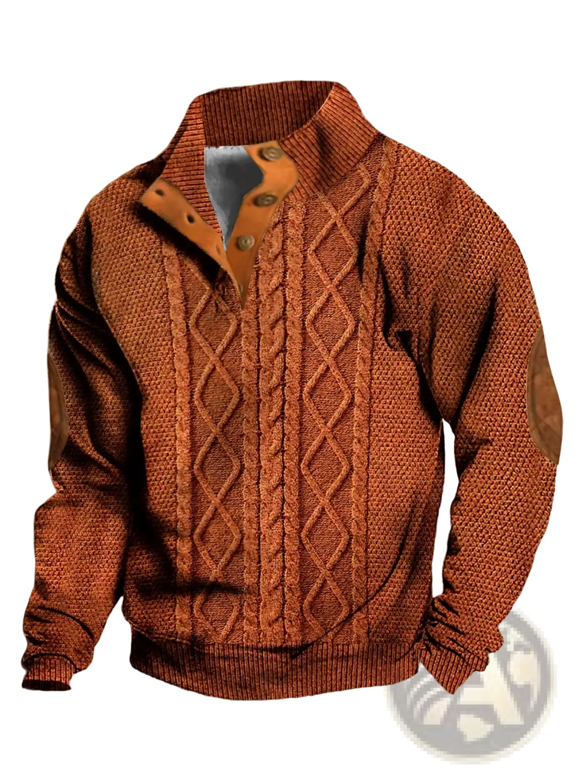 Men printed knit pullover sweatshirt brown cable-knit half-zip sweater with tan leather collar and elbow patches