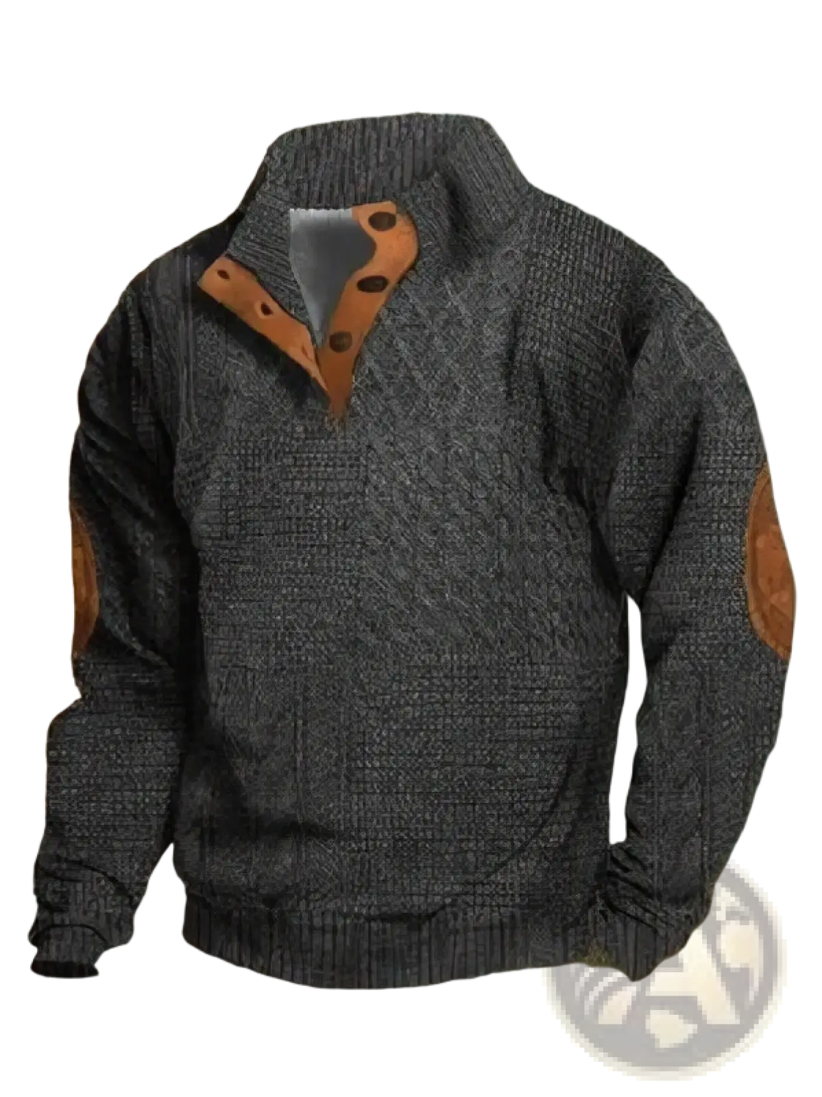Men printed knit pullover sweatshirt in dark gray textured fabric with brown leather patches on shoulders and collar