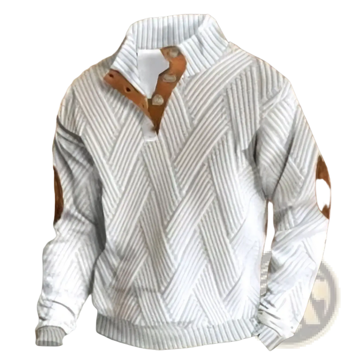 Men printed knit pullover sweatshirt in white textured knit with brown leather accents on collar and sleeves