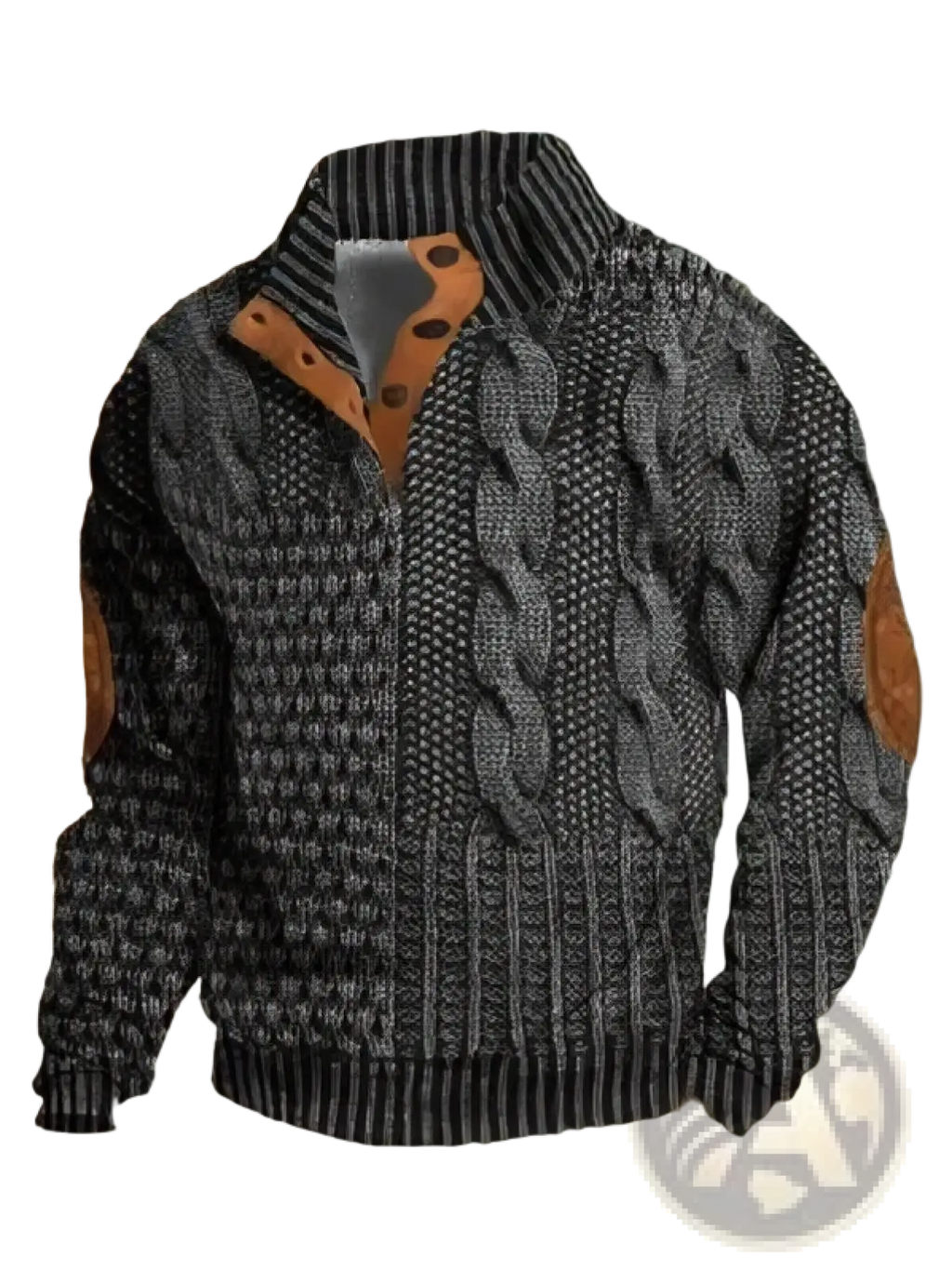 Men printed knit pullover sweatshirt in black and gray cable knit with brown leather accents on collar and sleeves