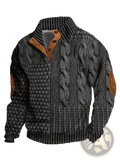 Men printed knit pullover sweatshirt in black and gray cable knit with brown leather accents on collar and sleeves