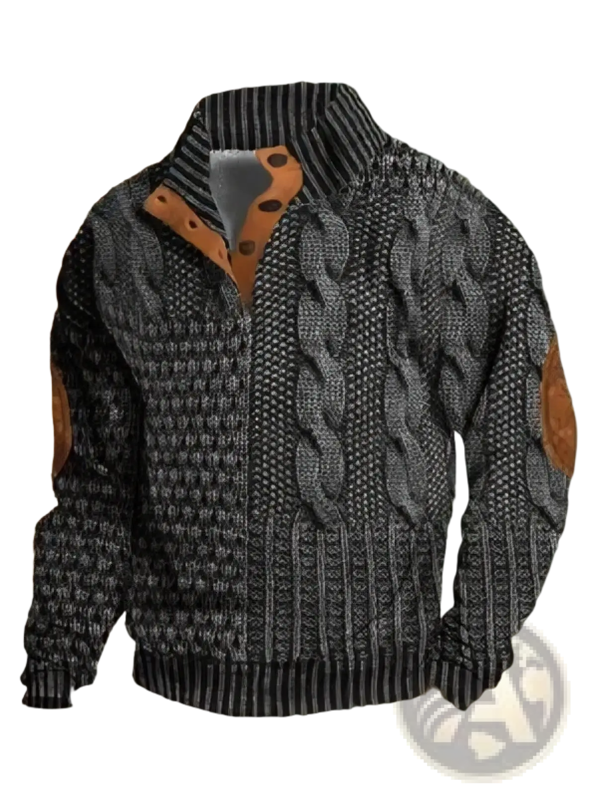 Men printed knit pullover sweatshirt in black and gray cable knit with brown leather accents on collar and sleeves