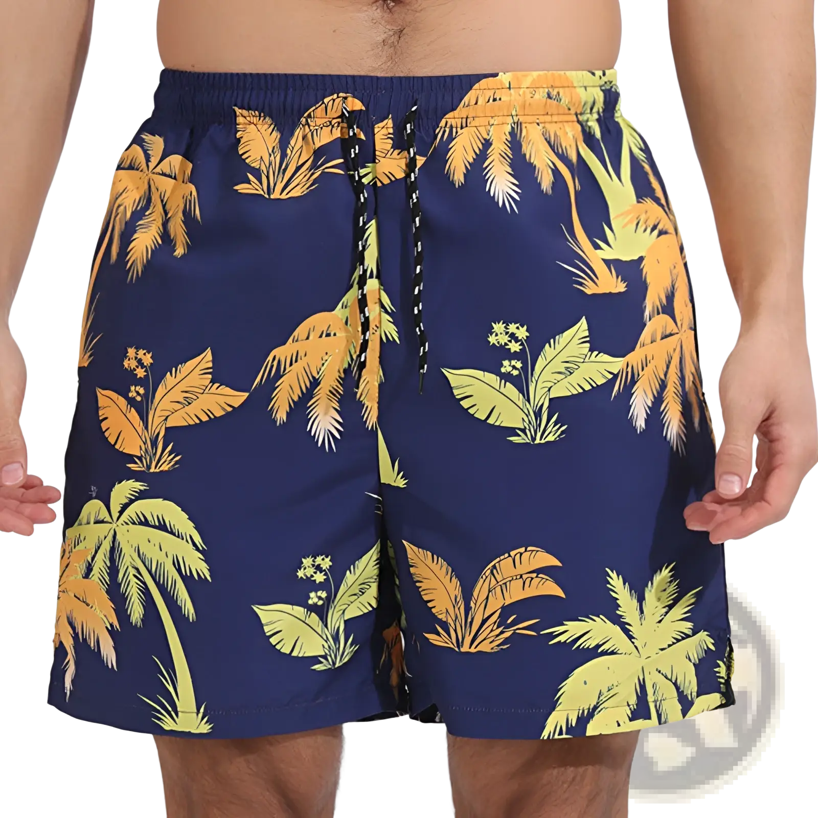 Men printed swim trunks in navy blue with vibrant tropical palm tree and leaf pattern for sports and beach use