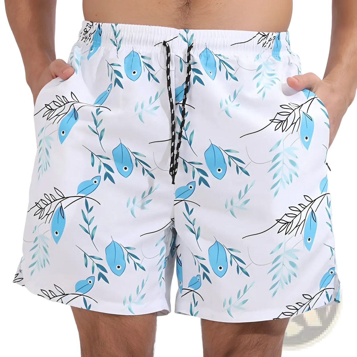 Men printed swim trunks in white with light blue fish and green leaves on black outlines for sports and beach use