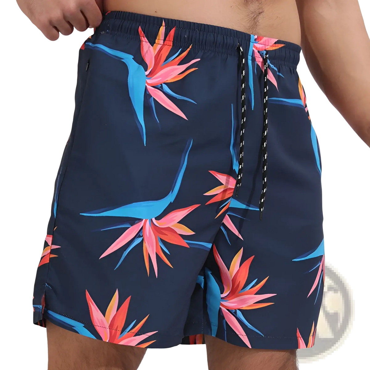 Men printed swim trunks in navy blue featuring vibrant pink and bright blue tropical bird of paradise flowers for beach use