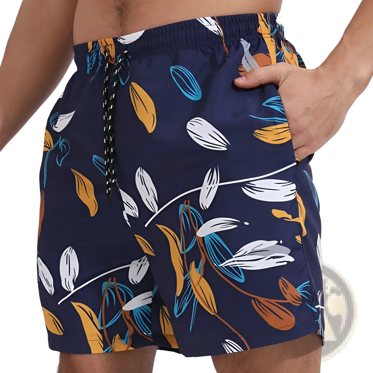 Men printed swim trunks in navy blue with vibrant white yellow teal leaf pattern and elastic waistband for beach sports