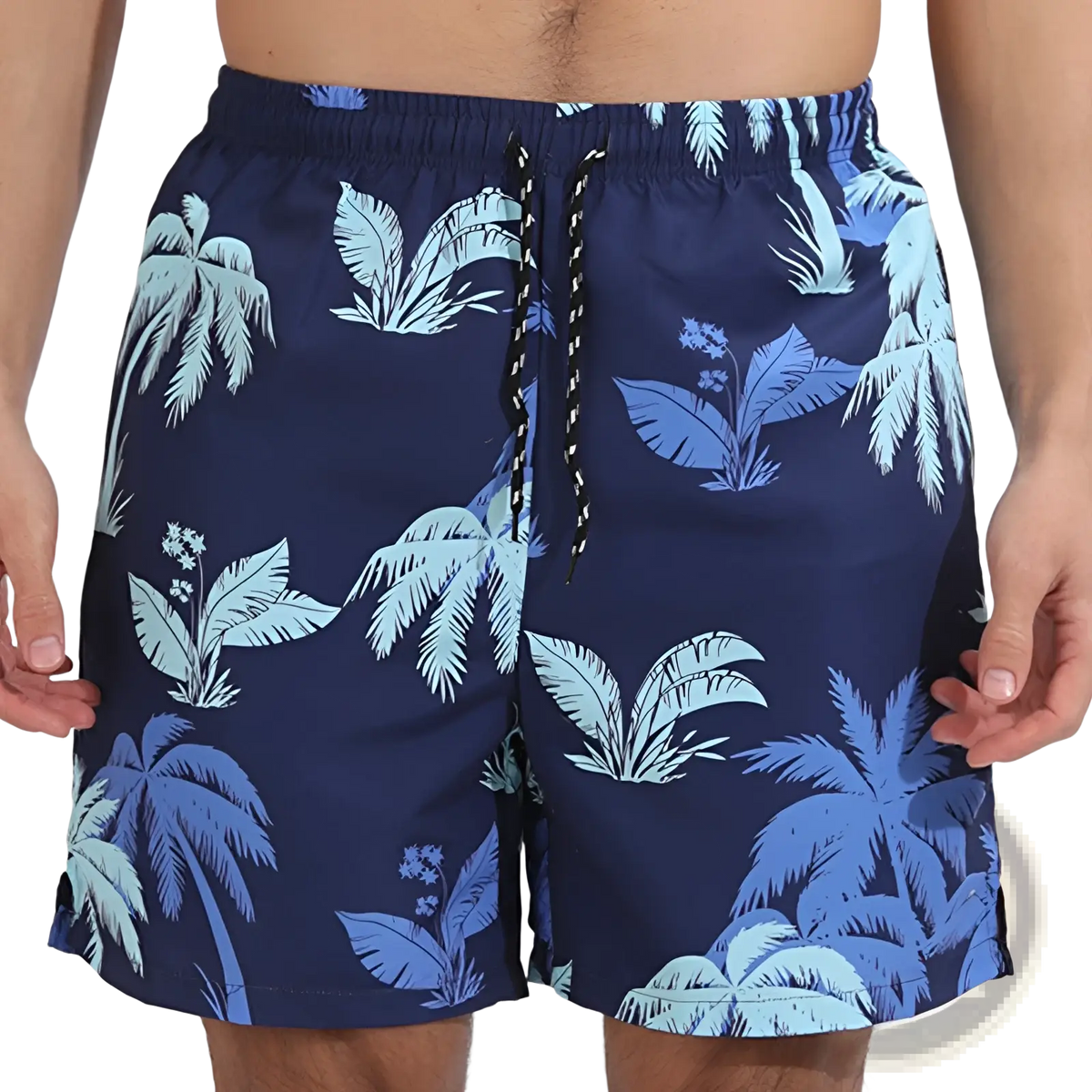 Men printed swim trunks in navy blue featuring a tropical palm and leaf pattern for sports and beach use