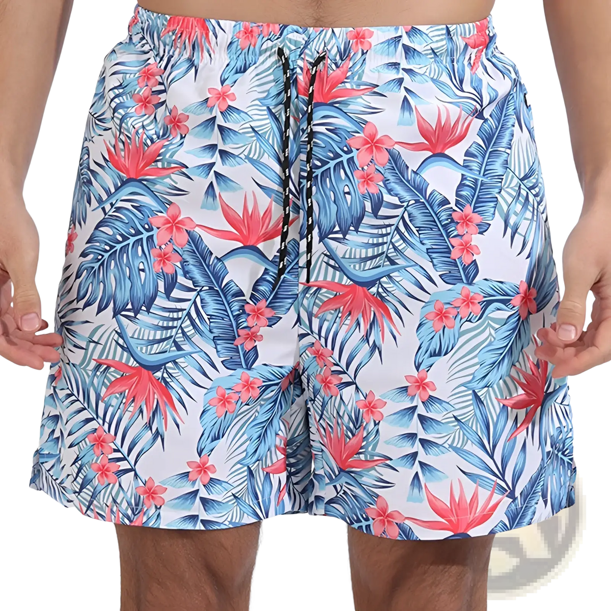 Men printed swim trunks with blue and pink tropical leaf and flower pattern on white base for sports and beach use