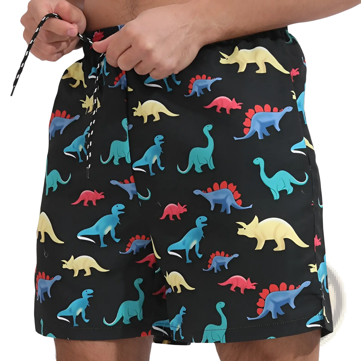 Men printed swim trunks in black with vibrant all-over colorful blue yellow and red dinosaur print for beach sports
